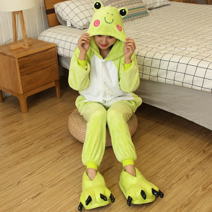Adults and Children's Kigurumi Animal Onesies Unicorn Bear Pajamas Cartoon Frog Panda Women Men Warm Flannel Hooded Sleepwear