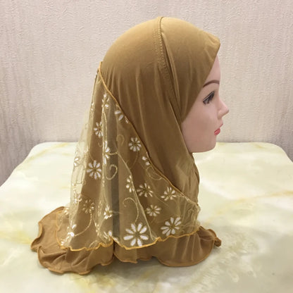 H043 beautiful small girl hijab with flower net cute hijab hats women's caps can fit 2-6 years old girls muslim baby headscarf
