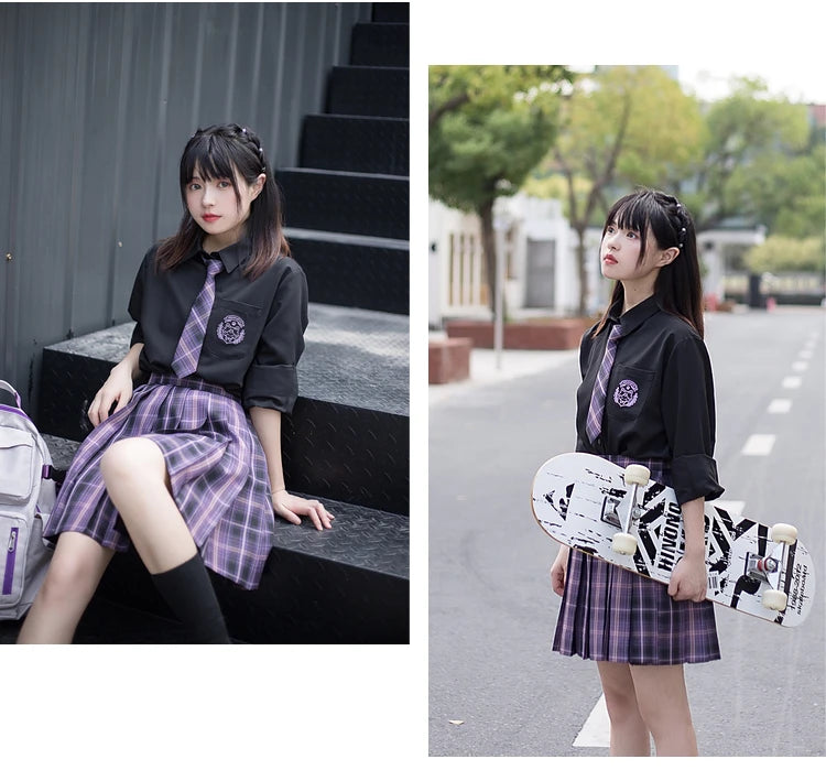 Japanese Harajuku Three piece set Plaid Mini Women Skirt School Uniforms Skirt A-line Sweet High Waist Women kawaii Suits & Sets