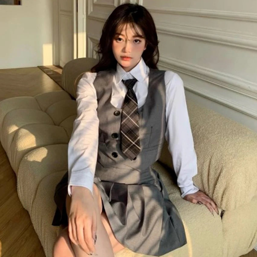 Kawaii Lady School Uniforms Casual Vest Jacket&Shirt&Pleated Skirt&Tie Long Sleeve School Suit Female College Style Sets