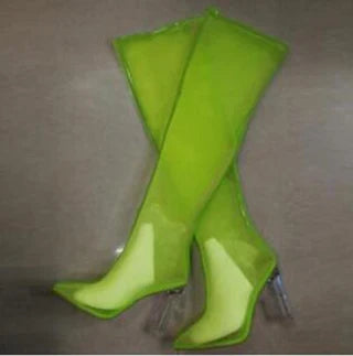 New Mesh Neon Green Sandal Boots Women Sexy Over The Knee Boots Pointed Toe High Heels Party Shoes Woman Thigh High Boots