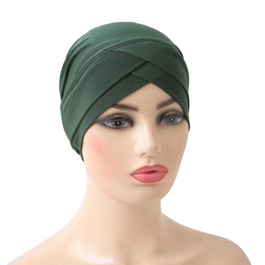H117 Forehead criss Cross Muslim Turban Pure Color Stretch Inner Hijabs For Caps Ready To Wear Women Head Scarf Under Bonnet