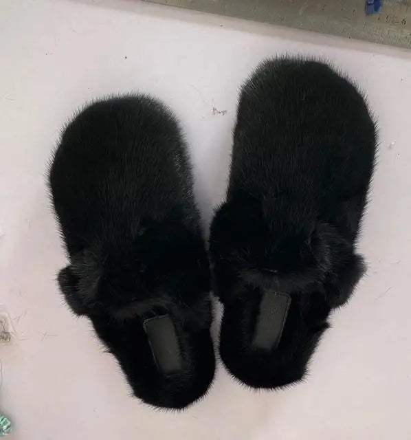 Female Luxury Real Mink Fur Slippers, Women's Clogs, Slip-on Casual Winter Shoes, Mules Shoes Women Luxury Designer Mink Slipper