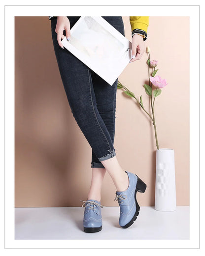 EOFK Women Brogue Shoes New Quaity High Square Heel Derby Genuine Leather High Heels Wedge Shoes Woman Female Shoes Pumps Casual