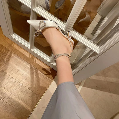 2026 New Fashion Glitter Rhinestones Women Pumps Crystal Bowknot Silk Pointed Toe Buckle Strap Thin High Heels Party Prom Shoes