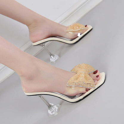 Size 34-46 Summer Party Slippers Fashion Green Rhinestone Bow Heels Sandals Women Square Open Toe PVC Transparent Shoes Slides
