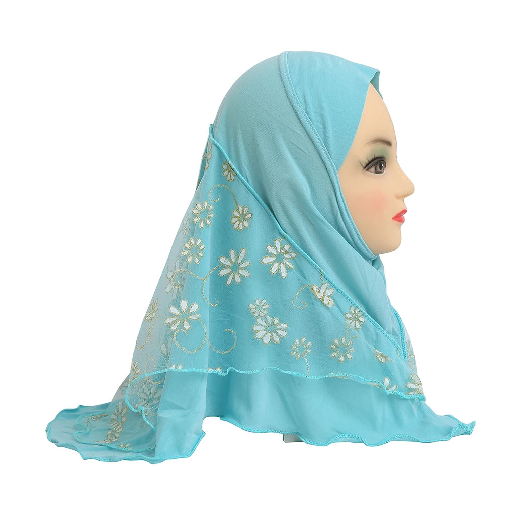 H043 beautiful small girl hijab with flower net cute hijab hats women's caps can fit 2-6 years old girls muslim baby headscarf