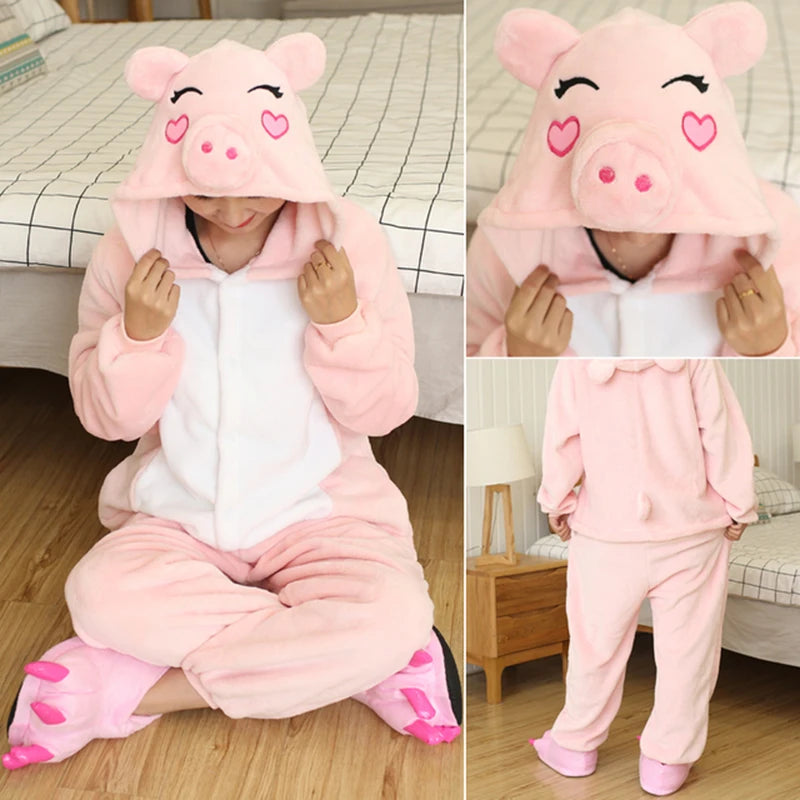 Adults and Children's Kigurumi Animal Onesies Unicorn Bear Pajamas Cartoon Frog Panda Women Men Warm Flannel Hooded Sleepwear