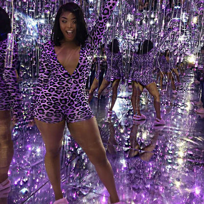 OMSJ 2026 Spring Sexy Women Purple Leopard Print Elegant Sleepwear Pajamas Onesies Long Sleeve Bodycon Short Jumpsuits Nightwear