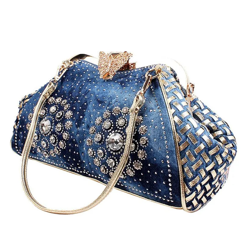Denim Rhinestones Women Handbag Clutch Bag For Evening Party Chic Butterfly Decoration Ladies Denim  Shoulder Bag
