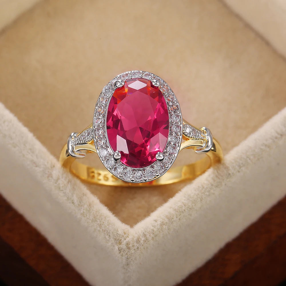 Huitan Big Oval Shaped Rose Red Cubic Zirconia Women Rings Luxury Ladies Jewelry for Party Best Mother's Gift Brilliant CZ Rings