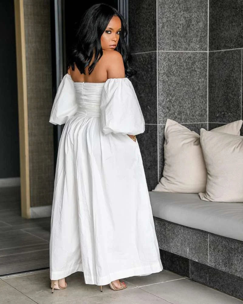 Elegant Off Shoulder Wide Leg Jumpsuit for Women Loose Palazzo Pants Puff Sleeve Birthday Night Party Rompers Womens Jumpsuits