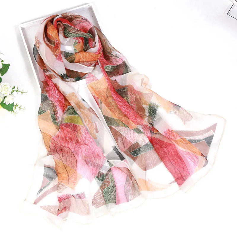 Women Foulard Chiffon Georgette Bandana Scarf Tree Leaf Print Long Shawl Summer Wrap Lady Elegant Thin breathable