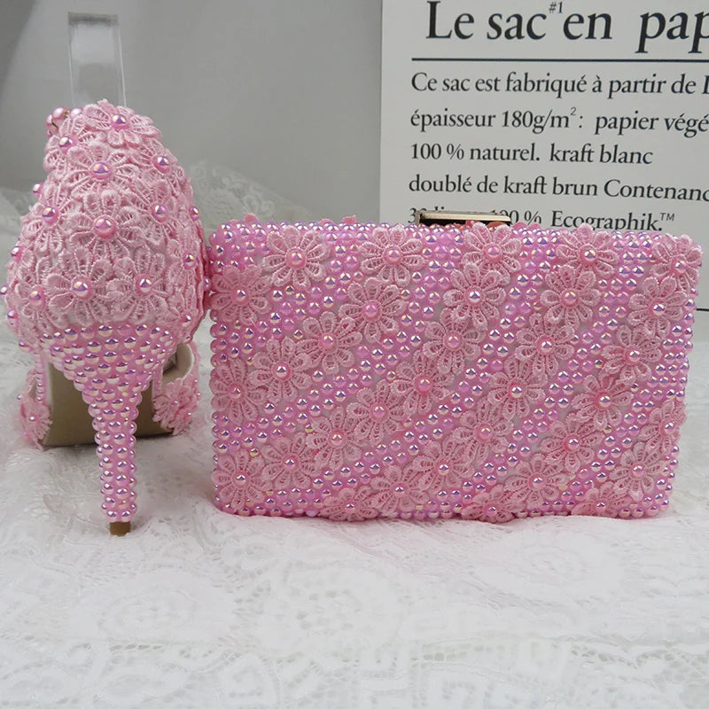 AB Pink Pearl Flower Wedding Shoes With Matching Bags High Heels Pointed Toe Ankle Strap Ladies Party Shoe and Bag Set