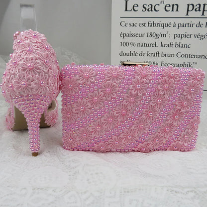 AB Pink Pearl Flower Wedding Shoes With Matching Bags High Heels Pointed Toe Ankle Strap Ladies Party Shoe and Bag Set