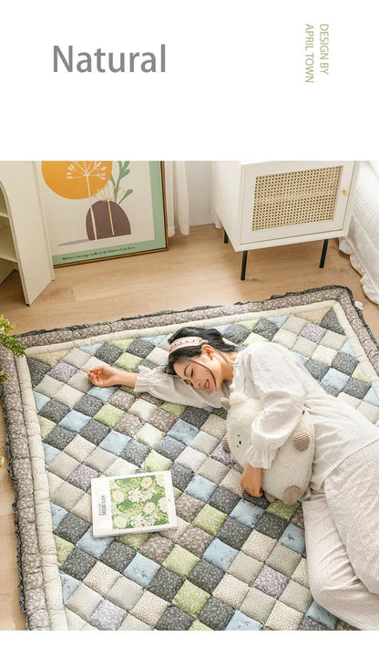Large Thick Cotton Quilted Rugs for Living Room Anti Slip Bedroom Bedside Carpet Rugs Winter Warm Floral Print Tatami Floor Mats