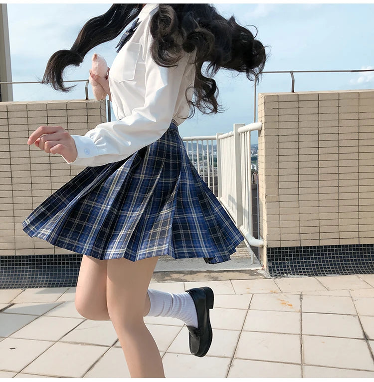 School Girl Uniform Pleated Skirts Japanese School Uniform High Waist A-Line Plaid Skirt Sexy JK Uniforms for Woman Full set
