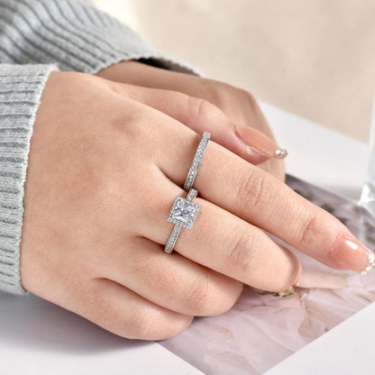 Newshe 2Pcs Genuine 925 Sterling Silver Moissanite /AAAAA Zircons Wedding Ring Set Halo Princess Cut Engagement Rings for Women