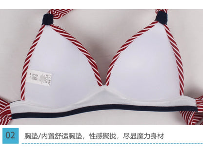 Pleated Bikini Red Top Navy Blue With White Dots Bottom Women Classic High Waist Halter Bikini Sets Plus Size Two-piece Swimwear