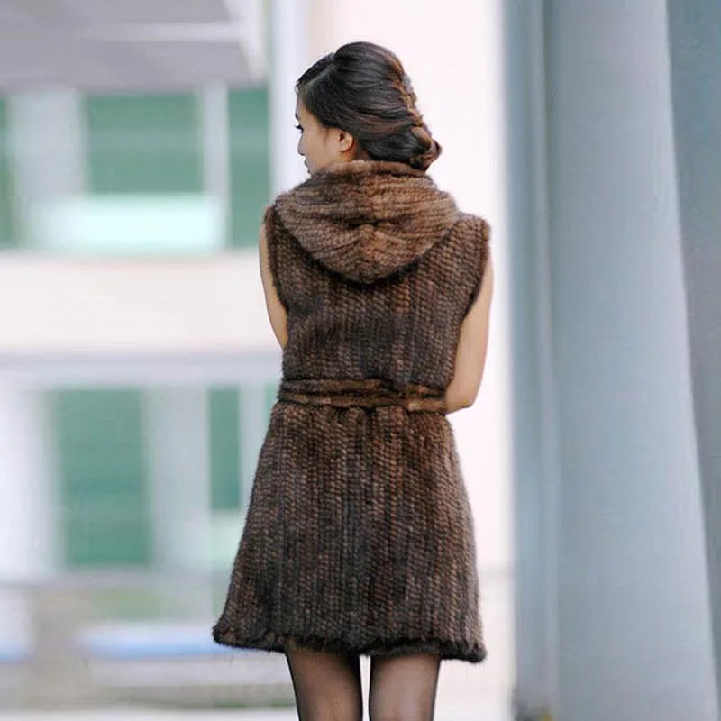 New Genuine Knitted Mink Fur Vest Hooded Mink Fur Vest Warm Winter Fur Coat