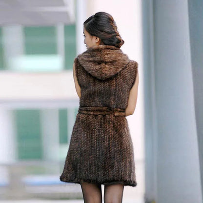 New Genuine Knitted Mink Fur Vest Hooded Mink Fur Vest Warm Winter Fur Coat