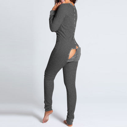 Sexy Pyjama Women's Jumpsuit Suit Button-down Front Back Butt Open Ass Flap Jumpsuit Pajamas Loungewear Buttoned Sleepwear