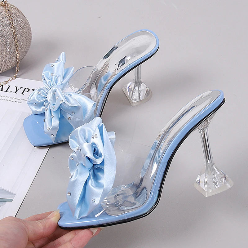 2026 New Fashion Crystal Bow High Heels Slippers Shoes Woman Sexy PVC Transparent Sandals Women Slides Open Toe Pumps Blue Black