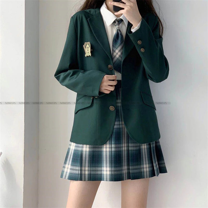 2024 Fashion Spring Autumn JK Uniform Jacket Three Buttons Suit Jacket College Style Female Student Suit Long Sleeves Green
