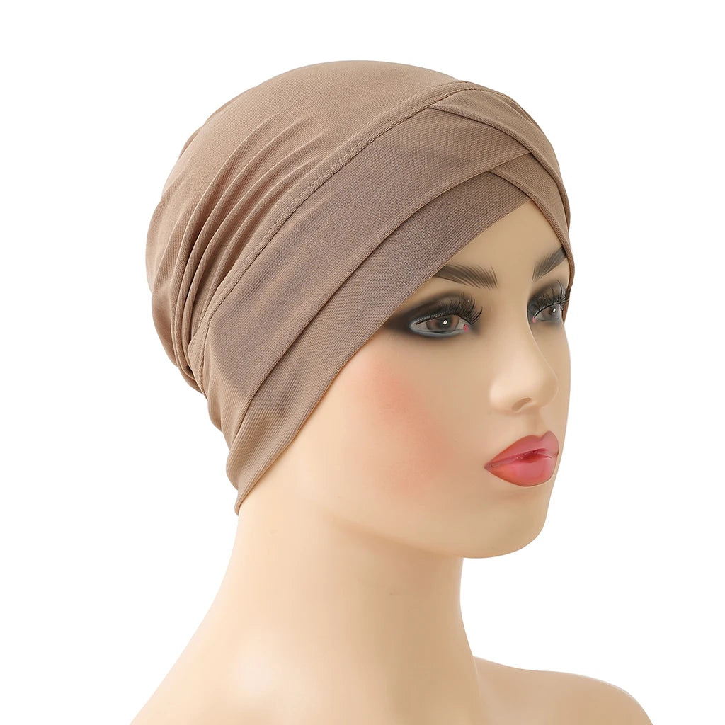 H117 Forehead criss Cross Muslim Turban Pure Color Stretch Inner Hijabs For Caps Ready To Wear Women Head Scarf Under Bonnet