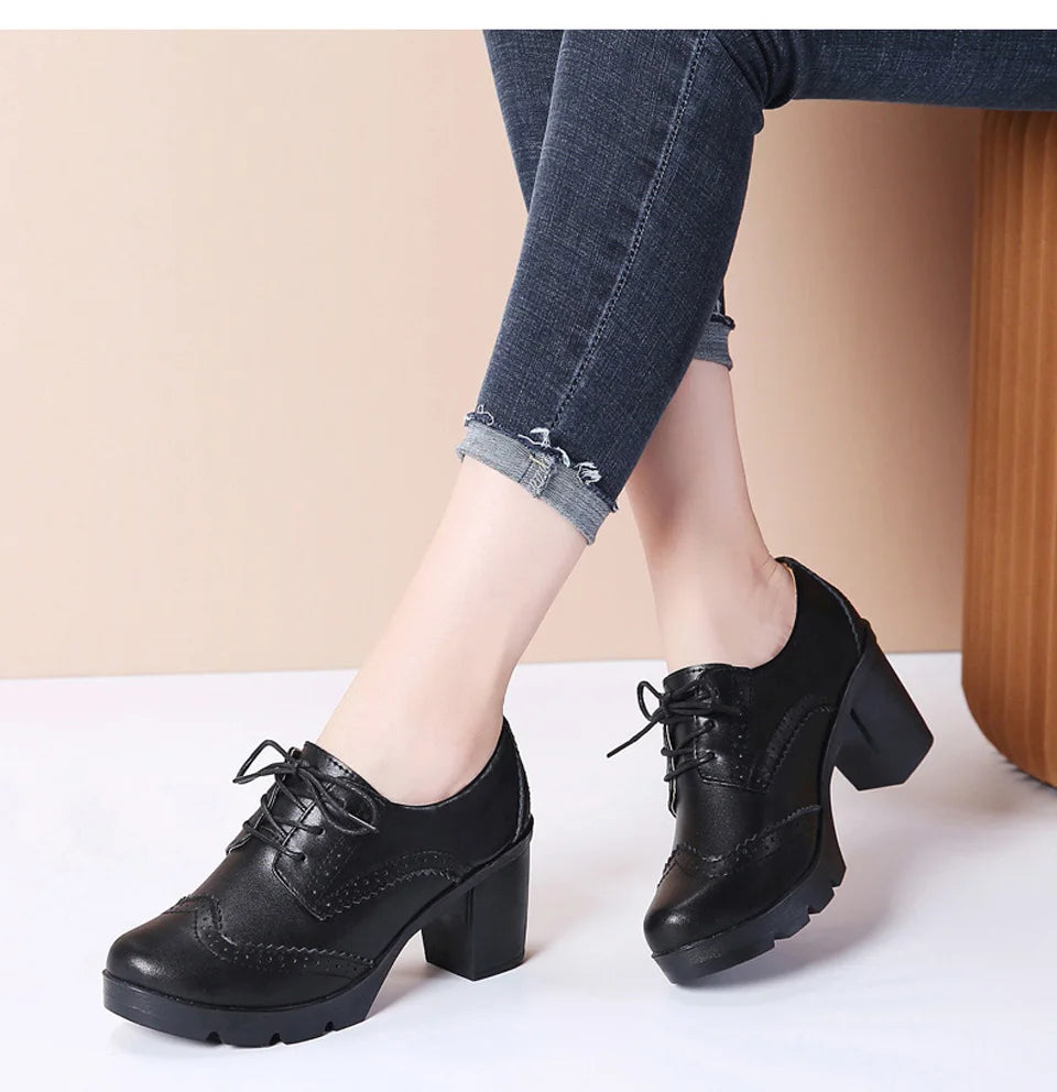 EOFK Women Brogue Shoes New Quaity High Square Heel Derby Genuine Leather High Heels Wedge Shoes Woman Female Shoes Pumps Casual