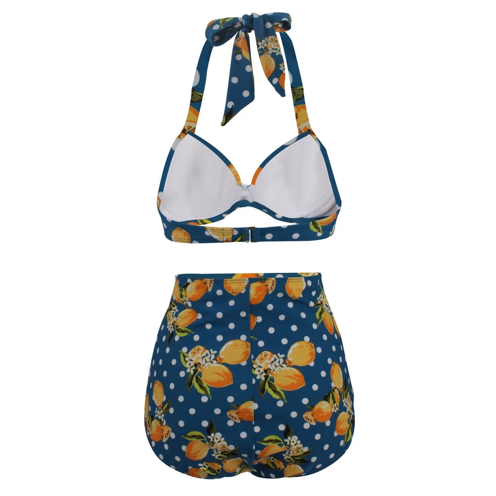 Pleated Bikini Red Top Navy Blue With White Dots Bottom Women Classic High Waist Halter Bikini Sets Plus Size Two-piece Swimwear