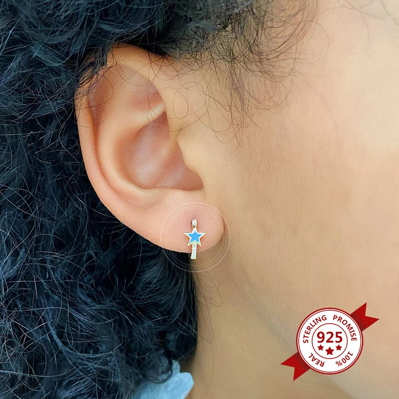 925 Sterling Silver Needle Light Blue Zircon Stud Earrings for Women Fashion Blue Enamel Pendant Earrings Luxury Jewelry Gifts