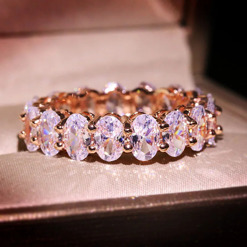 New Luxury Female White Crystal Stone Ring Rose Gold Silver Wedding 925 Silver Ring Female Cute Oval Zircon Engagement Jewelry