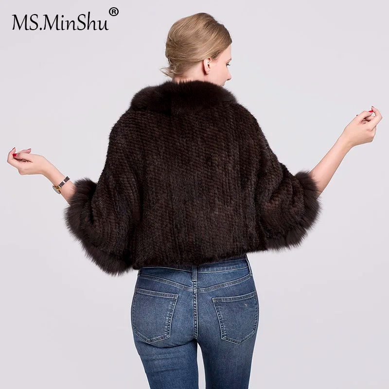 Ms.MinShu-Natural Mink Fur Poncho for Women, Trimmed Mink Fur Coat, Fox Fur Collar, Sleeveless, Woven Jacket, Outwear