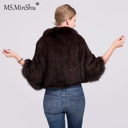 Ms.MinShu-Natural Mink Fur Poncho for Women, Trimmed Mink Fur Coat, Fox Fur Collar, Sleeveless, Woven Jacket, Outwear