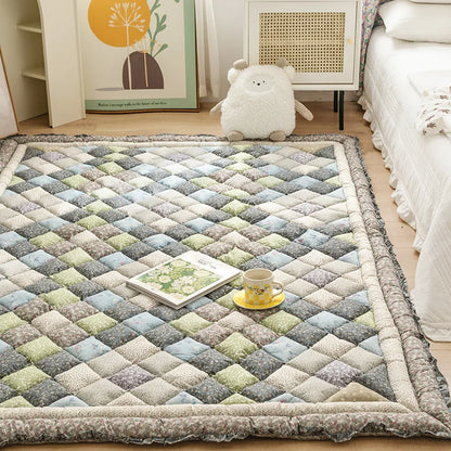 Large Thick Cotton Quilted Rugs for Living Room Anti Slip Bedroom Bedside Carpet Rugs Winter Warm Floral Print Tatami Floor Mats