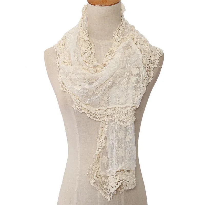 Korean Style New Women Lace Flower Scarf Autumn Lady White Black Solid Color Long Scarves Soft Shawl Foulard Female Wrap Shawls