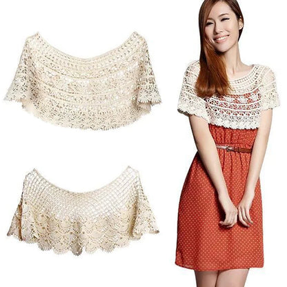 Women Vintage Crochet Knit Cape Elegant Cute Lace Short Hollow Out Shawls Shrug Poncho Wedding Bridal Evening Dress Lace Scarf