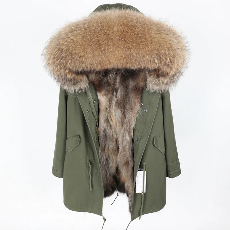 Maomaokong 2026 New Natural Fur Lining Real Fur Coat Winter Jacket Women Raccoon Fur Collar Warm Thick Parkas Female Clothing