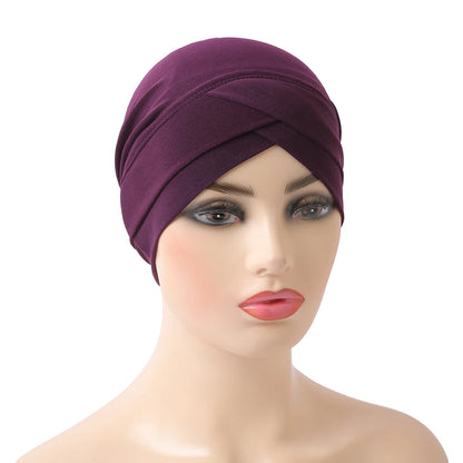 H117 Forehead criss Cross Muslim Turban Pure Color Stretch Inner Hijabs For Caps Ready To Wear Women Head Scarf Under Bonnet