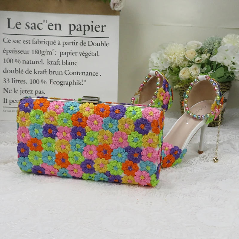 Fashion multicolored Flower Wedding Shoes With Matching Bags High Heels Pointed Toe Ankle Strap Ladies Party shoe and bag set