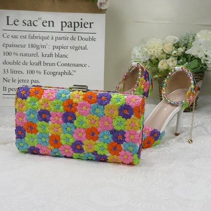 Fashion multicolored Flower Wedding Shoes With Matching Bags High Heels Pointed Toe Ankle Strap Ladies Party shoe and bag set