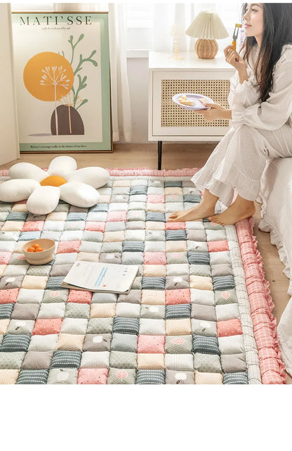 Large Thick Cotton Quilted Rugs for Living Room Anti Slip Bedroom Bedside Carpet Rugs Winter Warm Floral Print Tatami Floor Mats