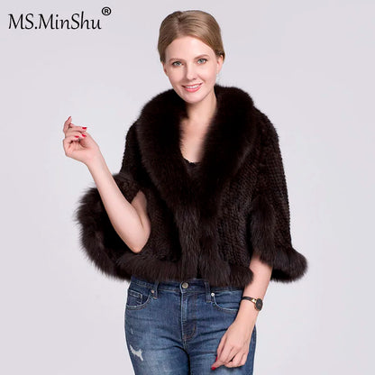 Ms.MinShu-Natural Mink Fur Poncho for Women, Trimmed Mink Fur Coat, Fox Fur Collar, Sleeveless, Woven Jacket, Outwear