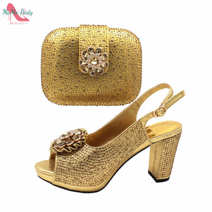 Buckle Strap Sandals Nigerian Women Shoes and Bag Set in Yellow Color with Shinning Crystal Italian Lady Shoes and Bag for Party