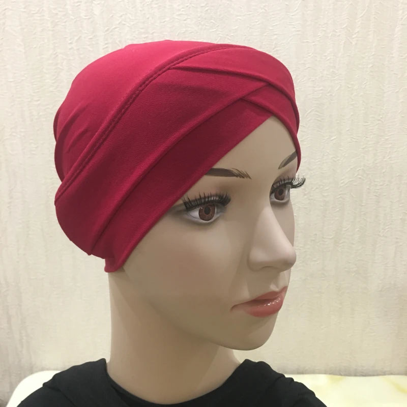 H117 Forehead criss Cross Muslim Turban Pure Color Stretch Inner Hijabs For Caps Ready To Wear Women Head Scarf Under Bonnet