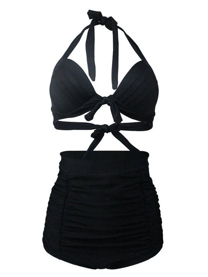 Pleated Bikini Red Top Navy Blue With White Dots Bottom Women Classic High Waist Halter Bikini Sets Plus Size Two-piece Swimwear