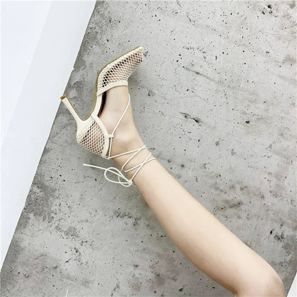Eilyken Sexy Mesh Pumps Sandals Female Square Toe High Heel Lace Up Cross-Tied Stiletto Hollow Dress Shoes Zapatos Mujer