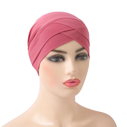 H117 Forehead criss Cross Muslim Turban Pure Color Stretch Inner Hijabs For Caps Ready To Wear Women Head Scarf Under Bonnet