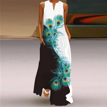 Sexy V-neck Sleeveless Dress For Women Summer Fashion Sundress Retro Print Long Dresses With Pocket Maxi Dress Femme Vestidos